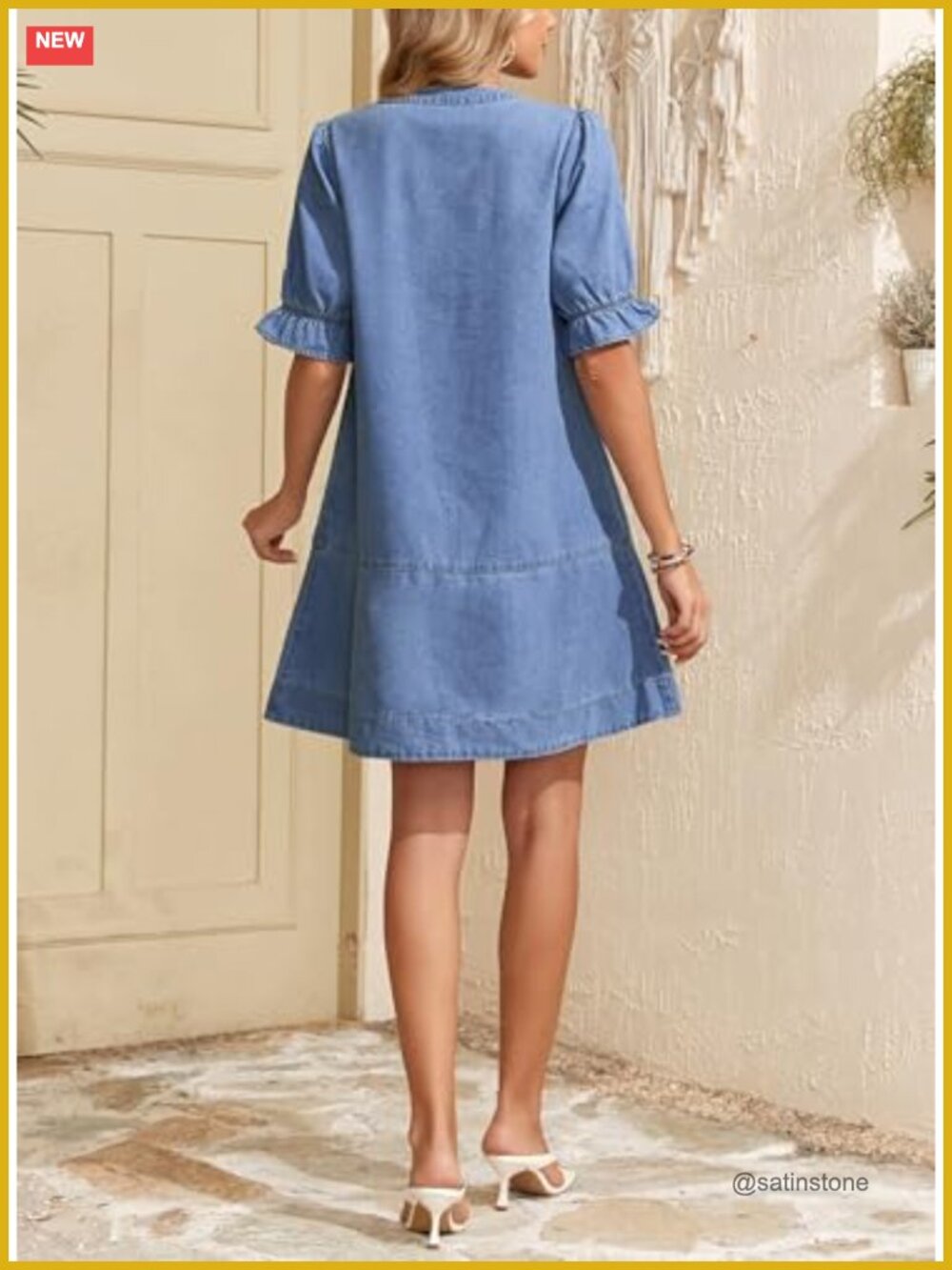 Denim Babydoll Dress Flare Short Sleeve Button Front Ruffle Cuff A-Line Mini - Picture 2 of 7